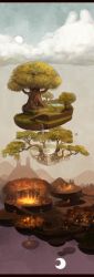 Rule 34 | absurdres, bubble, building, cloud, commentary request, crescent moon, fantasy, floating, floating island, forest, glowing, highres, hill, house, kasako (swrb0505), lake, lamppost, landscape, laundry, letterboxed, moon, nature, no humans, original, path, plant roots, pond, road, scenery, signpost, sky, snow, snow shelter, stairs, sun, town, treehouse, village, water, waterfall