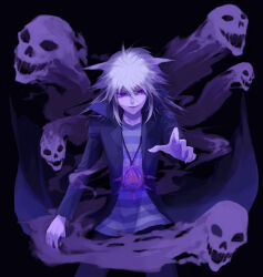 Rule 34 | 1boy, black background, commentary request, evil smile, ghost, grey hair, jacket, long hair, male focus, millennium ring, open clothes, open jacket, purple eyes, reki (misty moon), shirt, smile, solo, spiked hair, striped clothes, striped shirt, yami bakura, yu-gi-oh!, yu-gi-oh! duel monsters