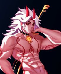 Rule 34 | 1boy, abs, absurdres, arataki itto, arm at side, bodypaint, collar, earrings, facial mark, frown, genshin impact, glowing, hand up, highres, holding, holding sword, holding weapon, horns, jewelry, long hair, looking at viewer, male focus, muscular, muscular male, nipples, nude, oni, oni horns, pendant, red eyes, simple background, solo, spiked collar, spikes, sword, upper body, walid zouirech, weapon, white hair