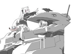 Rule 34 | 1girl, animal ears, armored core, armored core 6, bird, breasts, cat ears, cat girl, cat tail, closed mouth, coat, cropped jacket, crossover, crow, dress, greyscale, hair ribbon, hand on own chin, high heels, large breasts, layered clothes, long hair, long sleeves, looking to the side, magari (c0rn3r), mecha, mechanical tail, monochrome, nora cat, nora cat channel, outstretched arm, red eyes, ribbon, robot, simple background, smile, solo, spot color, standing, standing on one leg, tail, two side up, very long hair, virtual youtuber