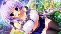 Rule 34 | 1girl, antenna hair, aqua eyes, blush, breasts, crossed arms, dutch angle, female focus, field, flower, flower field, game cg, jewelry, large breasts, long hair, midriff, necklace, non-web source, open mouth, outdoors, purple hair, seiza, shintarou, shoes, sitting, skirt, sneakers, solo