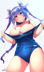 Rule 34 | 1girl, blue hair, blue one-piece swimsuit, blunt bangs, breasts, clothes pull, commentary request, gradient hair, grin, hair ribbon, happa (cloverppd), highres, huge breasts, i-19 (kancolle), kantai collection, long hair, looking at viewer, multicolored hair, name tag, one-piece swimsuit, one-piece swimsuit pull, pink hair, pulled by self, red eyes, ribbon, simple background, smile, solo, star-shaped pupils, star (symbol), swimsuit, symbol-shaped pupils, teeth, tri tails, white background