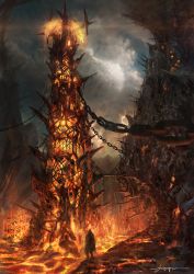 Rule 34 | chain, fire, highres, lava, original, outdoors, path, road, scenery, signature, standing, tower, you (shimizu)
