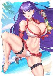 Rule 34 | 1girl, absurdres, bare shoulders, beach, bikini, blue eyes, blue sky, blush, breasts, choker, cleavage, collarbone, commission, day, earrings, elbow gloves, fate/grand order, fate (series), frilled bikini, frills, gauntlets, gloves, highres, huge filesize, jewelry, large breasts, leg lift, legs, long hair, martha (fate), martha (swimsuit ruler) (fate), martha (swimsuit ruler) (third ascension) (fate), navel, nez-box, open mouth, outdoors, purple hair, red gloves, shore, sky, sweat, swimsuit, thigh strap, unaligned breasts, white bikini