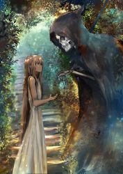 Rule 34 | 1girl, absurdres, black eyes, blonde hair, cloak, day, death (entity), dress, from side, grim reaper, highres, kaze minoru so-ru, long hair, looking at another, original, outdoors, see-through, sleeveless, sleeveless dress, very long hair, white dress