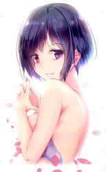 Rule 34 | 1girl, bad id, bad pixiv id, bra, bra pull, breasts, clothes pull, commentary request, eyes visible through hair, from side, highres, looking at viewer, medium breasts, nail polish, original, own hands together, petals, pink nails, purple bra, purple eyes, purple hair, shiny skin, short hair, simple background, smile, solo, underwear, upper body, white background, yan (nicknikg)