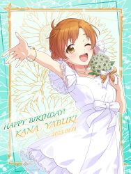 Rule 34 | 1girl, 2023, ;d, absurdres, border, bouquet, bow, bracelet, brown eyes, brown hair, character name, collarbone, dated, dress, earrings, flower, framed, happy birthday, highres, holding, holding bouquet, idolmaster, idolmaster million live!, idolmaster million live! theater days, jewelry, necklace, one eye closed, open mouth, orange bow, ornate border, outline, outstretched arm, shiro (ongrokm), short hair, smile, solo, sparkle, standing, white bow, white dress, yabuki kana, yellow bow