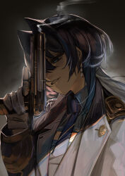 Rule 34 | 1girl, black hair, blue eyes, blue hair, blue necktie, coat, coat on shoulders, colored inner hair, commentary, dark background, dark blue hair, earrings, gloves, gun, hair between eyes, hair intakes, highres, holding, holding gun, holding weapon, hololive, hololive english, jacket, jewelry, kouhiipan, long sleeves, multicolored hair, necktie, official alternate costume, ouro kronii, ouro kronii (4th costume), parted lips, smile, smoke, smoking gun, solo, two-sided fabric, upper body, virtual youtuber, weapon, white gloves, wolf cut