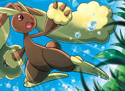 Rule 34 | :d, animal focus, animal nose, blue sky, rabbit, creature, creatures (company), day, full body, furry, game freak, gen 4 pokemon, grass, happy, jumping, lopunny, nintendo, official art, open mouth, outdoors, pokemon, pokemon (creature), pokemon tcg, sakuma sanosuke, sky, smile, sunlight, third-party source, water
