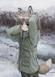 Rule 34 | 1girl, absurdres, animal ears, brown eyes, brown hair, closed mouth, forest, fox ears, fox girl, fox girl (yihan1949), fox tail, highres, military uniform, nature, original, ponytail, snow, solo, standing, tail, uniform, winter, yihan1949