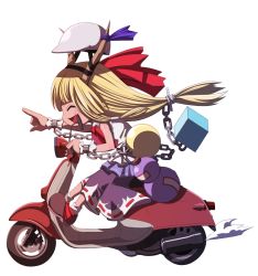 Rule 34 | 1girl, ^ ^, blonde hair, chain, closed eyes, cuffs, female focus, full body, gourd, helmet, horn ornament, horn ribbon, horns, ibuki suika, long hair, motor vehicle, motorcycle, open mouth, pointing, ribbon, scooter, shackles, shoes, sleeveless, smile, socks, solo, touhou, tsukumo (soar99), vehicle, white background