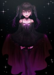 1girl ayumanai bare_shoulders black_choker black_dress black_hair black_thighhighs blush braid choker crossed_legs dress earrings garter_straps gradient_hair hair_between_eyes highres idolmaster idolmaster_cinderella_girls jewelry long_hair looking_at_viewer multicolored_hair open_mouth pink_eyes purple_hair smile solo sparkle sunazuka_akira thighhighs twin_braids two-tone_hair zettai_ryouiki