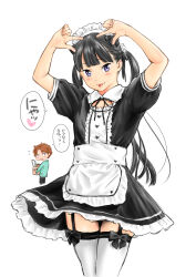 Rule 34 | 1boy, 1girl, :p, absurdres, black hair, garter straps, highres, key (kagibangou), looking at viewer, maid, maid headdress, original, smile, thighhighs, tongue, tongue out, translated, twintails, white thighhighs, zettai ryouiki