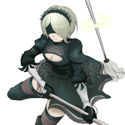 Rule 34 | 1girl, black blindfold, black dress, black gloves, black hairband, black thighhighs, blindfold, boots, breasts, broom, cleavage, cleavage cutout, closed mouth, clothing cutout, commentary, cosplay, danganronpa (series), danganronpa v3: killing harmony, dress, gloves, hair over one eye, hairband, halo, holding, holding broom, juliet sleeves, lace trim, long sleeves, medium breasts, mole, mole under mouth, nier (series), nier:automata, puffy sleeves, qosic, short hair, simple background, solo, thigh boots, thighhighs, tojo kirumi, weapon, white background, 2b (nier:automata), 2b (nier:automata) (cosplay)