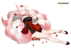 Rule 34 | 1girl, alternate hair color, animal ear fluff, animal ears, ankle bell, autumn leaves, black dress, black footwear, breasts, cleavage, cleavage cutout, closed eyes, closed mouth, closers, clothing cutout, copyright name, dress, ear down, fox ears, fox girl, fox tail, full body, hand up, highres, kitsune, kyuubi, large breasts, layered dress, leaf, leaf on head, levia (closers), logo, long hair, long sleeves, low twintails, lying, lying on tail, maple leaf, multiple tails, official art, on back, pink tail, red dress, rubbing eyes, see-through, see-through sleeves, sleeping, solo, tail, twintails, two-tone dress, white background, white hair