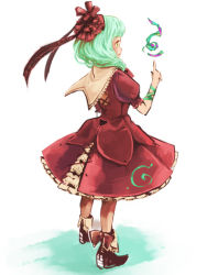 Rule 34 | 1girl, blush, dress, female focus, floating, floating object, frills, from behind, front ponytail, green eyes, green hair, kagiyama hina, looking at viewer, matching hair/eyes, mugishima orie, puffy short sleeves, puffy sleeves, red dress, shawl, short sleeves, simple background, solo, standing, touhou, white background
