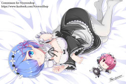 Rule 34 | 10s, 2girls, apron, artist name, bed sheet, black dress, black ribbon, blue eyes, blue hair, blunt bangs, blush, breasts, character doll, cleavage, clenched hand, closed mouth, collar, detached collar, detached sleeves, doll, dress, eyebrows, eyelashes, frilled apron, frilled collar, frilled dress, frilled hairband, frilled sleeves, frills, full body, hair ornament, hair over one eye, hair ribbon, hairband, hand up, large breasts, long sleeves, looking at another, looking at viewer, lying, maid, maid apron, maid headdress, multiple girls, on back, on side, open mouth, pantyhose, pink eyes, pink hair, pink ribbon, purple ribbon, ram (re:zero), re:zero kara hajimeru isekai seikatsu, rem (re:zero), ribbon, shiny skin, short hair, siblings, signature, simple background, sisters, small breasts, smile, the-sinner, twins, underbust, waist apron, watermark, web address, white legwear, x hair ornament