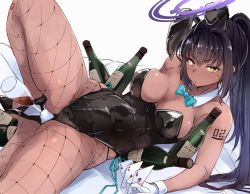 Rule 34 | 1girl, animal ears, armpits, bare shoulders, black hair, black leotard, blue archive, blue bow, bottle, bow, bowtie, breasts, card, closed mouth, commentary request, cup, dark-skinned female, dark skin, detached collar, drinking glass, fake animal ears, fishnet pantyhose, fishnets, flanvia, gloves, halo, high heels, high ponytail, holding, holding card, jewelry, karin (blue archive), karin (bunny) (blue archive), large breasts, leotard, long hair, looking at viewer, lying, number tattoo, on back, on bed, pantyhose, playboy bunny, rabbit ears, rabbit tail, shoulder tattoo, sidelocks, solo, tail, tattoo, traditional bowtie, very long hair, white background, white gloves, wide hips, wine bottle, wine glass, wrist cuffs, yellow eyes