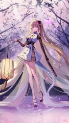 Rule 34 | 1girl, absurdly long hair, aoi tooru, arknights, black gloves, blonde hair, blurry, blurry background, cherry blossoms, china dress, chinese clothes, cleavage cutout, closed mouth, clothing cutout, commentary request, dress, elbow gloves, falling petals, full body, gloves, grey tail, hair between eyes, hair ornament, hand up, highres, holding, indigo (arknights), indigo (serene day) (arknights), lace, lace gloves, light particles, light rays, light smile, long hair, looking at viewer, official alternate costume, petals, purple eyes, reflection, reflective water, ripples, short dress, side slit, sleeveless, sleeveless dress, solo, standing, tail, tree, very long hair, vial, water, white dress