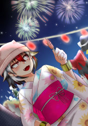 Rule 34 | 6+girls, :d, alternate costume, backlighting, beanie, black hair, blonde hair, bow, covered horns, dutch angle, fang, fireworks, floral print, food, ghost, grey hair, hair between eyes, hair bow, hakurei reimu, half-closed eye, hand on own hip, hand up, hat, highres, himajin noizu, holding, holding food, japanese clothes, jewelry, kijin seija, kimono, kirisame marisa, konpaku youmu, konpaku youmu (ghost), looking to the side, multicolored hair, multiple girls, night, night sky, obi, open mouth, outdoors, red eyes, red hair, ring, saigyouji yuyuko, sash, short hair, sky, smile, solo focus, standing, streaked hair, touhou, uneven eyes, upper body, wide sleeves, witch hat, wrist cuffs, yakumo yukari