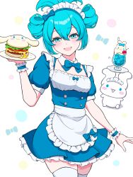 Rule 34 | 1girl, :d, alternate costume, apron, aqua eyes, aqua hair, blue bow, blue bowtie, blue dress, blush stickers, bow, bow-shaped hair, bowtie, breasts, burger, buttons, character food, cherry, chibi, cinnamiku, cinnamoroll, cleavage, commentary, detached collar, dot nose, double-breasted, dress, food, frilled apron, frilled dress, frills, fruit, hair between eyes, hair bow, hatsune miku, head tilt, highres, holding, holding plate, ice cream, light blush, looking at viewer, maid, maid apron, maid headdress, medium hair, official alternate hairstyle, open mouth, plate, pleated dress, puffy short sleeves, puffy sleeves, sanrio, short sleeves, sidelocks, simple background, small breasts, smile, sundae, thighhighs, updo, uzuki sena, vocaloid, white apron, white background, white thighhighs, wrist cuffs