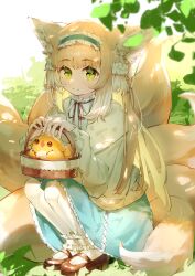 Rule 34 | 1girl, absurdres, animal ear fluff, animal ears, ankle socks, arknights, basket, bidiu (the legend of luoxiaohei), blonde hair, blue hairband, blue skirt, blunt ends, bobby socks, brown footwear, cardigan, commentary request, crossover, fox ears, fox girl, fox tail, frilled hairband, frills, full body, green eyes, hair ornament, hair scrunchie, hairband, highres, holding, holding basket, kirigirisu1221, kitsune, kyuubi, long hair, long sleeves, luo xiaohei zhanji, mary janes, multicolored hair, multiple tails, neck ribbon, official alternate costume, open cardigan, open clothes, outdoors, partial commentary, puffy long sleeves, puffy sleeves, red ribbon, ribbon, scrunchie, shirt, shoes, skirt, sleeve cuffs, socks, solo, spring (season), squatting, stitches, suzuran (arknights), suzuran (spring praise) (arknights), tail, two-tone hair, white hair, white shirt, white socks, yellow cardigan