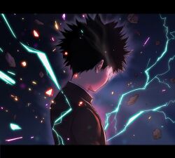 Rule 34 | 1boy, aura, black hair, blue background, commentary, debris, from behind, from side, gakuran, glowing, kageyama shigeo, letterboxed, light trail, lightning, male focus, mob psycho 100, omatsuri130, psychic, school uniform, shards, short hair, smoke, solo, spiked hair, symbol-only commentary, upper body
