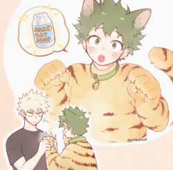 Rule 34 | 2boys, :o, animal costume, animal ears, animal hands, bakugou katsuki, bell, belt collar, black shirt, blonde hair, blush, bodysuit, boku no hero academia, bottle, brown background, cat costume, cat ears, cat paws, cat symbol, cat tail, claws, closed mouth, collar, commentary, cosplay, costume, cropped torso, curly hair, english text, fingernails, freckles, green eyes, green hair, green pupils, hand grab, hands up, head tilt, jingle bell, kigurumi, looking at another, looking at hand, looking at viewer, looking down, male focus, meltnotmelt, midoriya izuku, multiple boys, multiple views, open mouth, outline, paw pose, profile, red eyes, shirt, short hair, short sleeves, sparkle, speech bubble, spiked hair, spoken food, surprised, symbol-only commentary, t-shirt, tail, teeth, twitter username, two-tone background, upper teeth only, v-shaped eyebrows, whiskers, white background, white outline, wide-eyed
