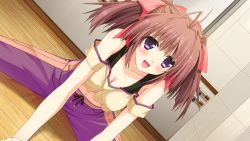 Rule 34 | 1girl, bare shoulders, berry&#039;s, blush, breasts, brown hair, cleavage, game cg, hair ornament, happy, highres, izuno youko, long hair, looking at viewer, midriff, nanao naru, purple eyes, sitting, smile, solo, spread legs, twintails, wooden floor