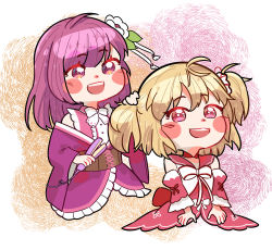 Rule 34 | 2girls, :d, absurdres, ahoge, ayano rika, blonde hair, blunt bangs, blush stickers, bow, bowtie, brown corset, bunching hair, buttons, center frills, chibi, choker, collared shirt, commission, corset, cropped torso, cross-laced clothes, detached sleeves, dress, flower, frilled kimono, frilled shirt, frills, furisode, hair between eyes, hair flower, hair iron, hair ornament, highres, japanese clothes, kimono, kimono skirt, leaf, leaf on head, long sleeves, magia record: mahou shoujo madoka magica gaiden, magical girl, mahou shoujo madoka magica, medium hair, mogu m.g, multiple girls, off shoulder, open mouth, pink eyes, pink shirt, purple eyes, purple hair, purple kimono, red bow, red choker, red dress, red sailor collar, red sleeves, sailor collar, sailor dress, scrunchie, second-party source, shirt, short kimono, single sidelock, sleeveless, sleeveless shirt, smile, sparkle, straight hair, tokiwa nanaka, two side up, white bow, white bowtie, white flower, white scrunchie