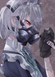 Rule 34 | 1girl, apron, arm up, black gloves, blue shirt, braid, combat knife, commentary, dappled sunlight, from side, gas mask, gloves, green neckwear, green ribbon, grey background, highres, izayoi sakuya, knife, looking down, maid apron, maid headdress, mask, red eyes, respirator, reverse grip, ribbon, shirt, short hair, silver hair, solo, standing, sunlight, touhou, tsune (tune), twin braids, upper body, weapon