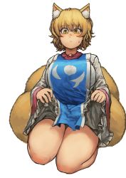 Rule 34 | 1girl, absurdres, animal ears, blonde hair, breasts, brooch, chanta (ayatakaoisii), closed mouth, clothes lift, colored skin, fox ears, fox tail, highres, huge breasts, jewelry, lifting own clothes, long sleeves, looking at viewer, seiza, shirt, simple background, sitting, skirt, skirt lift, slit pupils, solo, sweat, tabard, tail, touhou, white background, white shirt, white skin, yakumo ran, yellow eyes