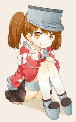 Rule 34 | 10s, 1girl, 2014, brown eyes, brown hair, brown skirt, dated, japanese clothes, kantai collection, kariginu, kneehighs, knees to chest, knees together feet apart, looking at viewer, magatama, nagian, pigeon-toed, pleated skirt, ryuujou (kancolle), skirt, smile, socks, solo, twintails, v, visor cap, white socks