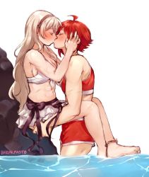 Rule 34 | 2girls, abs, against rock, anklet, artist name, bikini, bikini skirt, blonde hair, chadolbaegi, closed eyes, commission, corrin (female) (fire emblem), corrin (female) (summer) (fire emblem), corrin (fire emblem), fire emblem, fire emblem fates, front-tie bikini top, front-tie top, hairband, hands on another&#039;s face, hinoka (fire emblem), jewelry, kiss, lifting person, long hair, multiple girls, muscular, muscular female, nintendo, official alternate costume, partially submerged, pointy ears, red bikini, red hair, rock, short hair, sitting, sports bikini, swimsuit, toned, very long hair, wading, water, white bikini, yuri