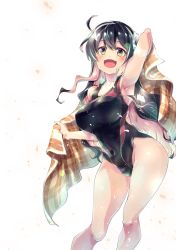 Rule 34 | 1girl, ahoge, alternate costume, armpits, black hair, black one-piece swimsuit, breasts, commentary request, competition swimsuit, covered navel, cowboy shot, fang, from side, hairband, highres, imu sanjo, kantai collection, large breasts, long hair, multicolored hair, naganami (kancolle), naganami kai ni (kancolle), one-piece swimsuit, open mouth, parted bangs, pink hair, plaid towel, simple background, smile, solo, standing, swimsuit, thighs, towel, two-tone hair, very long hair, wavy hair, white background, white hairband