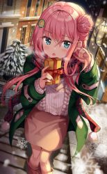 Rule 34 | 1girl, absurdres, aran sweater, bad id, bad twitter id, cable knit, character request, commentary request, hair bun, hand in own hair, highres, incoming gift, knees together feet apart, pink hair, shaffelli, single hair bun, snowing, solo, sweater, white sweater, wooden floor