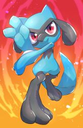 Rule 34 | absurdres, black fur, blue fur, creatures (company), game freak, gen 4 pokemon, gradient background, highres, looking at viewer, nintendo, no humans, nullma, orange background, pokemon, pokemon (creature), red background, red eyes, riolu, solo, standing, two-tone background, two-tone fur