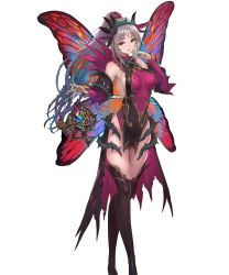 Rule 34 | 1girl, bare shoulders, black thighhighs, boots, breasts, butterfly wings, dress, fairy wings, female focus, fire emblem, fire emblem heroes, full body, grey hair, hair ornament, highres, insect wings, large breasts, long hair, nintendo, official art, pelvic curtain, plumeria (fire emblem), pointy ears, red eyes, shiny clothes, shiny skin, sideboob, sleeveless, smile, solo, thigh boots, thighhighs, thorns, transparent background, wings, yoshiku (oden-usagi)