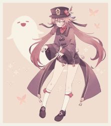 Rule 34 | 1girl, black nails, blush, brown hair, bug, butterfly, flower, flower-shaped pupils, genshin impact, ghost, gradient hair, hair between eyes, hat, hat flower, highres, hu tao (genshin impact), insect, jewelry, kneehighs, long hair, long sleeves, multicolored hair, multiple rings, nail polish, one eye closed, open mouth, plum blossoms, red eyes, red flower, ring, ririco (gnsn), shorts, sidelocks, simple background, socks, symbol-shaped pupils, tailcoat, tassel, twintails, two-tone background, very long hair, white socks