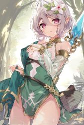 Rule 34 | 1girl, ahoge, bag, bare shoulders, breasts, cowboy shot, detached sleeves, dress, elf, flower, gluteal fold, gold trim, green dress, groin, hair between eyes, hair flower, hair ornament, highres, kokkoro (princess connect!), looking at viewer, pelvic curtain, pink eyes, pointy ears, princess connect!, sakura honoka (srhk0623), see-through, short hair, sidelocks, small breasts, solo, staff, standing, thighs, wet, wet clothes, wet dress