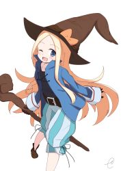 Rule 34 | 1girl, ;d, abigail williams (fate), alternate costume, belt, belt buckle, black belt, black shirt, blonde hair, bloomers, blue jacket, blush, boots, bow, brown footwear, brown gloves, brown hat, buckle, collarbone, commentary request, fate/grand order, fate (series), forehead, gloves, hat, hat bow, highres, jacket, jewelry, kujou karasuma, long hair, long sleeves, necklace, one eye closed, open mouth, orange bow, parted bangs, pigeon-toed, shirt, signature, simple background, sleeves past wrists, smile, solo, standing, striped, underwear, vertical stripes, very long hair, white background, wide sleeves, witch hat