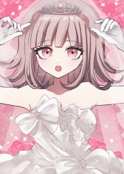 Rule 34 | 1girl, :o, arms up, artist name, bare arms, bare shoulders, blush, bow, breasts, brown hair, collarbone, confetti, danganronpa (series), danganronpa 2: goodbye despair, dress, large breasts, mikao (eanv5385), multicolored background, nanami chiaki, open mouth, pink background, pink eyes, solo, strapless, strapless dress, teeth, tiara, upper teeth only, veil, wedding dress, white bow