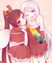 Rule 34 | 2girls, alcohol, alternate costume, arm around neck, azur lane, bare shoulders, belt, blue eyes, bottle, breasts, brown hair, champagne, christmas, cleavage, collarbone, commentary request, detached sleeves, enterprise (azur lane), graphite (medium), hair ornament, hair ribbon, highres, holding another&#039;s arm, long hair, looking at viewer, looking back, mechanical pencil, multiple girls, one eye closed, open mouth, pencil, ponytail, ribbon, sack, skirt, traditional media, tsuyumaru, very long hair, white hair, yellow eyes, zuikaku (azur lane)