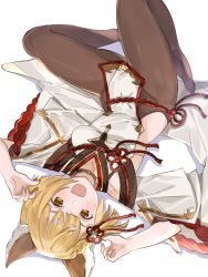 Rule 34 | 1girl, :d, animal ears, black pantyhose, blonde hair, bob cut, dog ears, dog girl, erune, granblue fantasy, gyoju (only arme nim), hair ornament, highres, looking at viewer, lying, on back, open mouth, pantyhose, pelvic curtain, rope, sideless outfit, smile, solo, upside-down, vajra (granblue fantasy), yellow eyes