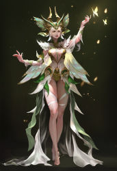 Rule 34 | 1girl, absurdres, arm up, barefoot, black background, bracer, breasts, bug, butterfly, center opening, cleavage, commentary, english commentary, fairy, fairy wings, glowing butterfly, green skirt, headdress, highres, insect, long skirt, looking up, medium breasts, multicolored clothes, multicolored skirt, original, parted lips, sidelocks, skirt, solo, standing, sunong, thigh strap, v-fin, walking, white hair, white skirt, wings, yellow eyes