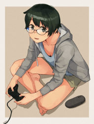 Rule 34 | 1girl, alternate costume, barefoot, bespectacled, black hair, breasts, cleavage, controller, crossed legs, downblouse, from above, glasses, glasses case, green shorts, grey jacket, holding, holding controller, hood, hooded jacket, hoodie, jacket, kantai collection, looking at viewer, looking over eyewear, makio (makiomeigenbot), mogami (kancolle), open mouth, playing games, shirt, short hair, shorts, signature, simple background, sitting, small breasts, solo, two-tone background, white shirt