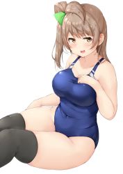 Rule 34 | 1girl, :3, absurdres, bare arms, black thighhighs, blue one-piece swimsuit, blush, breasts, brown hair, collarbone, commentary, commentary request, competition swimsuit, covered navel, curvy, hair ribbon, hand on own chest, highres, large breasts, long hair, looking at viewer, love live!, love live! school idol project, medium breasts, minami kotori, one-piece swimsuit, open mouth, plump, ribbon, shinonon (iso shino), side ponytail, simple background, sitting, smile, solo, swimsuit, thick thighs, thighhighs, thighs, white background, wide hips, yellow eyes