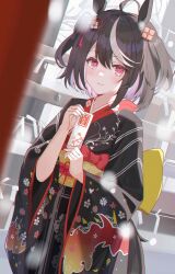 Rule 34 | 1girl, absurdres, ahoge, alternate costume, animal ears, black hair, black kimono, blurry, commentary request, depth of field, floral print, furisode, hair ornament, highres, holding, horse ears, horse girl, horse tail, japanese clothes, kimono, kitasan black (umamusume), leimimomomo, long sleeves, looking at viewer, multicolored hair, new year, obi, outdoors, pink eyes, sash, short hair, smile, snowing, solo, standing, streaked hair, tail, tassel, tassel hair ornament, umamusume, white hair, wide sleeves