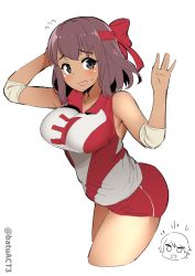 Rule 34 | 10s, 1girl, arm behind head, arms up, batsu, blush, breasts, brown eyes, brown hair, cowboy shot, cropped legs, elbow pads, flying, girls und panzer, headband, isobe noriko, kondou taeko, large breasts, leaning forward, looking at viewer, open mouth, red headband, red shirt, red shorts, shirt, short hair, short shorts, shorts, simple background, single vertical stripe, sleeveless, sleeveless shirt, smile, solo focus, sportswear, sweatdrop, tan, twitter username, volleyball uniform, wavy mouth, white background