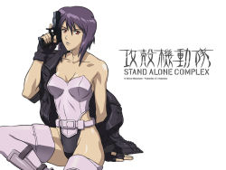 Rule 34 | 1girl, bare shoulders, cyborg, female focus, fingerless gloves, ghost in the shell, ghost in the shell stand alone complex, gloves, gun, highleg, highleg leotard, jacket, kusanagi motoko, leotard, looking at viewer, official art, official wallpaper, purple hair, red eyes, shiny skin, short hair, sitting, solo, thighhighs, title, wallpaper, weapon, wide hips